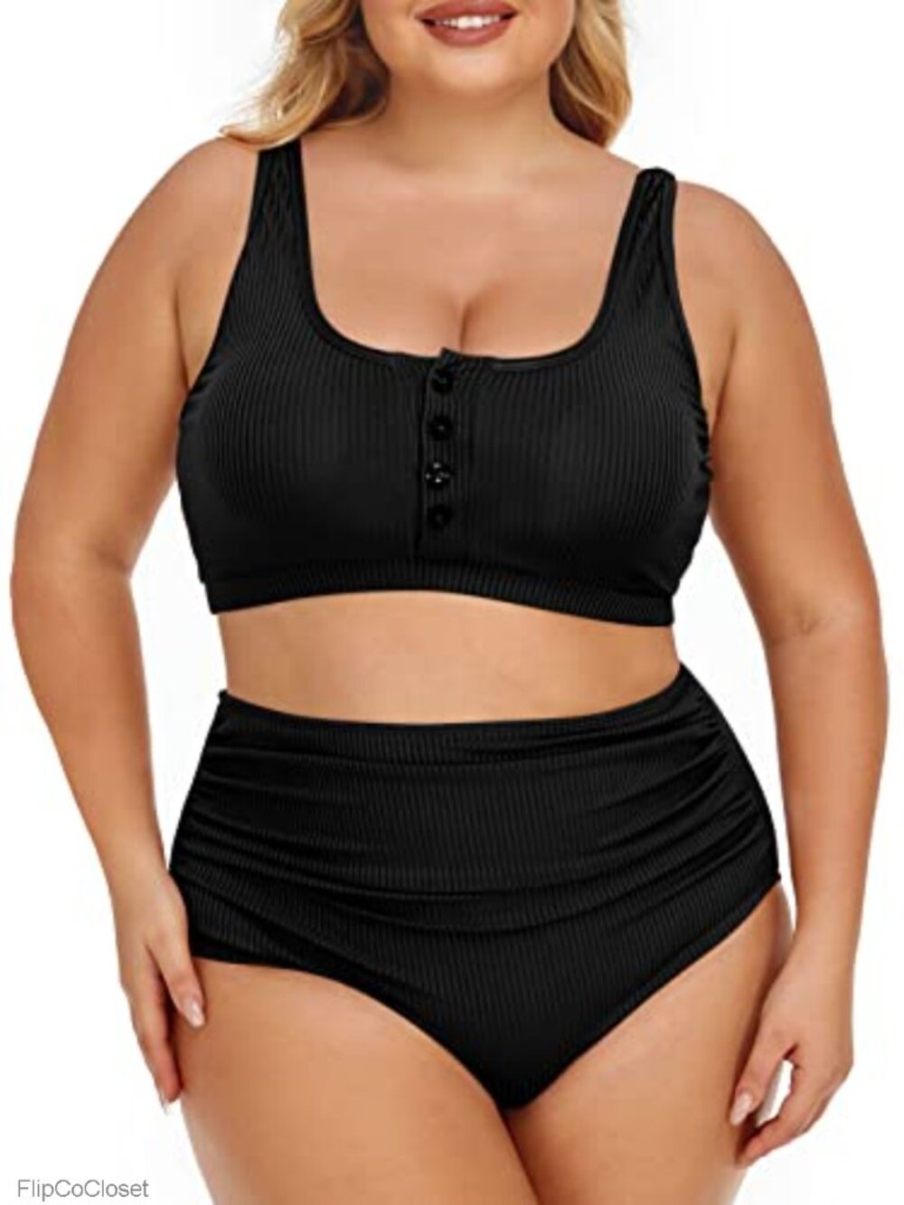 Plus Size Ribbed Bikini Set High Waist Tummy Control Two Piece Swimsuit